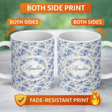 Personalized Custom Name Elegant Blue Botanical Flower Watercolor Seamless Pattern Lovely 11oz Ceramic Coffee Tea Mug White Large Handle