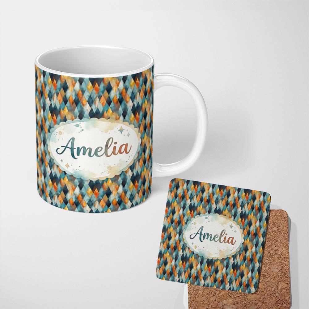 Personalized Custom Name Abstract Diamond Mosaic Seamless Pattern in Teal Orange Blue Lovely 11oz Ceramic Coffee Tea Mug White Large Handle