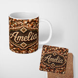 Personalized Custom Name Earth Tone Pixel Mosaic Abstract Seamless Pattern Cute Unique Gift 11oz Ceramic Coffee Tea Mug White Large Handle