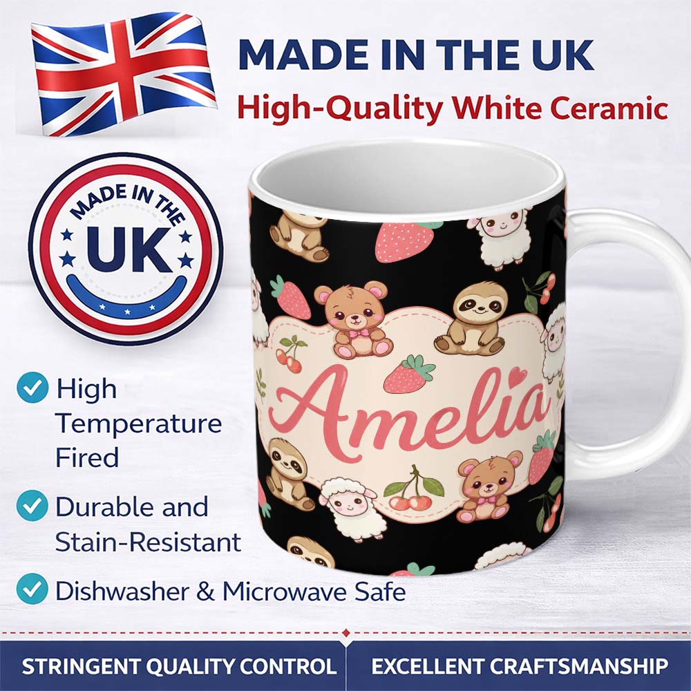 Personalized Custom Name Cute Cute Baby Animals Bear Sheep Sloth Strawberry Cherry Black 11oz Ceramic Coffee Tea Mug White Large Handle