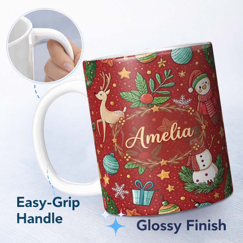 Personalized Custom Name Snowman Holly Leaves Red Background Christmas Seamless Pattern 11oz Ceramic Coffee Tea Mug White Large Handle