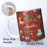 Personalized Custom Name Snowman Holly Leaves Red Background Christmas Seamless Pattern 11oz Ceramic Coffee Tea Mug White Large Handle