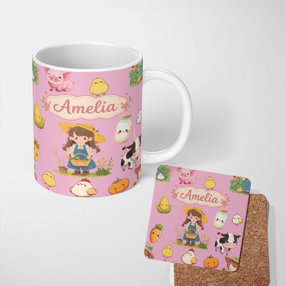 Personalized Custom Name Cute Farm Girl Pig Cow Chicken Corn Milk Pink Background Seamless 11oz Ceramic Coffee Tea Mug White Large Handle
