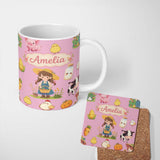 Personalized Custom Name Cute Farm Girl Pig Cow Chicken Corn Milk Pink Background Seamless 11oz Ceramic Coffee Tea Mug White Large Handle