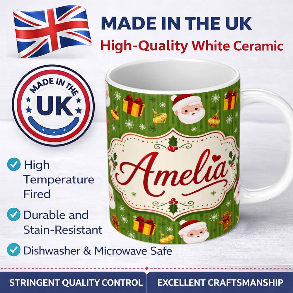 Personalized Custom Name Cute Santa Face Gift Drum Gingerbread Seamless Pattern Festive Xmas 11oz Ceramic Coffee Tea Mug White Large Handle