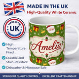 Personalized Custom Name Cute Santa Face Gift Drum Gingerbread Seamless Pattern Festive Xmas 11oz Ceramic Coffee Tea Mug White Large Handle