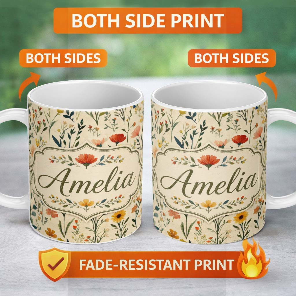 Personalized Custom Name Elegant Vintage Floral Sprigs on Neutral Background Seamless Pattern 11oz Ceramic Coffee Tea Mug White Large Handle