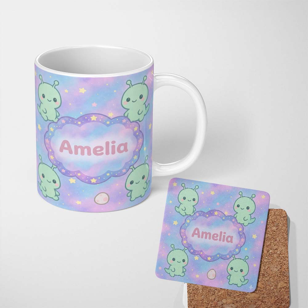 Personalized Custom Name Cute Alien Space Cartoon Animal Pattern Cute Unique Gift Lovely 11oz Ceramic Coffee Tea Mug White Large Handle