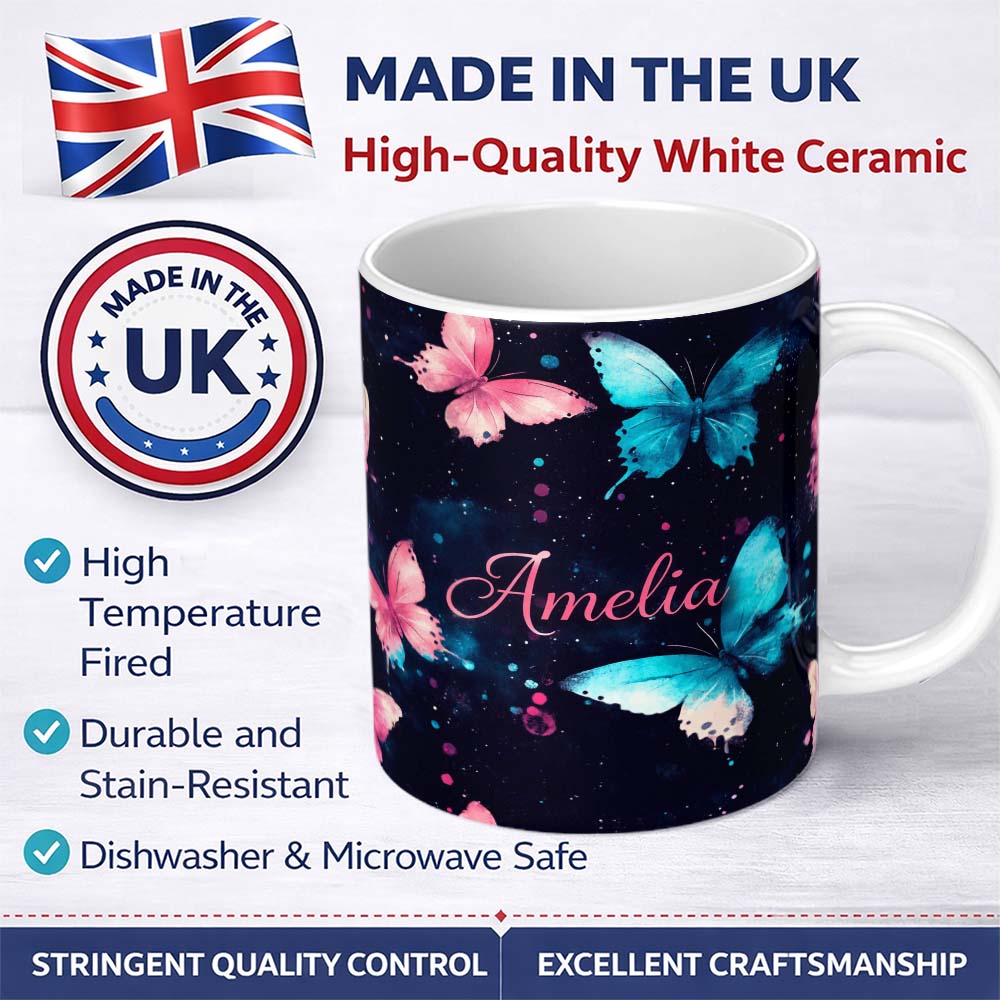 Personalized Custom Name Colorful Neon Rainbow Butterflies Dark Background Seamless Pattern 11oz Ceramic Coffee Tea Mug White Large Handle