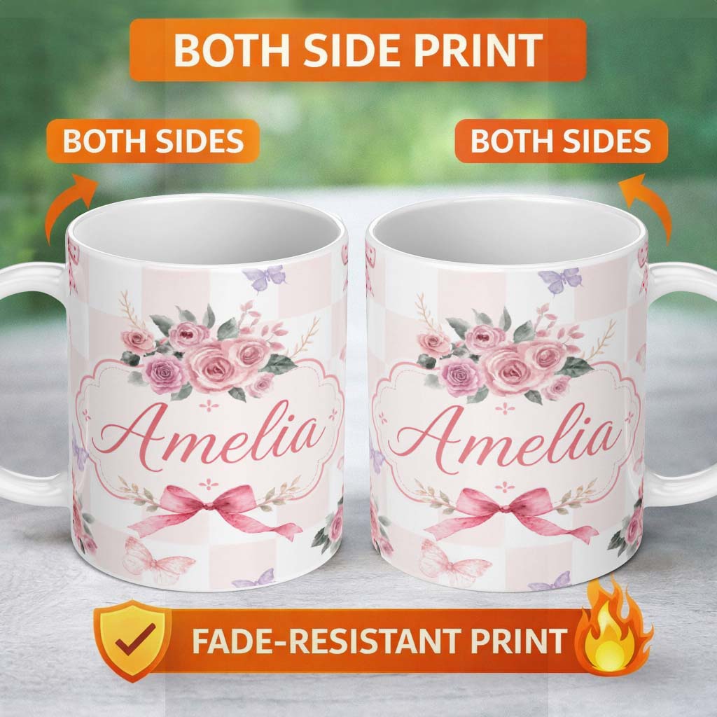 Personalized Custom Name Elegant Watercolor Rose Bouquet Ribbon Butterfly Pastel Check Lovely 11oz Ceramic Coffee Tea Mug White Large Handle