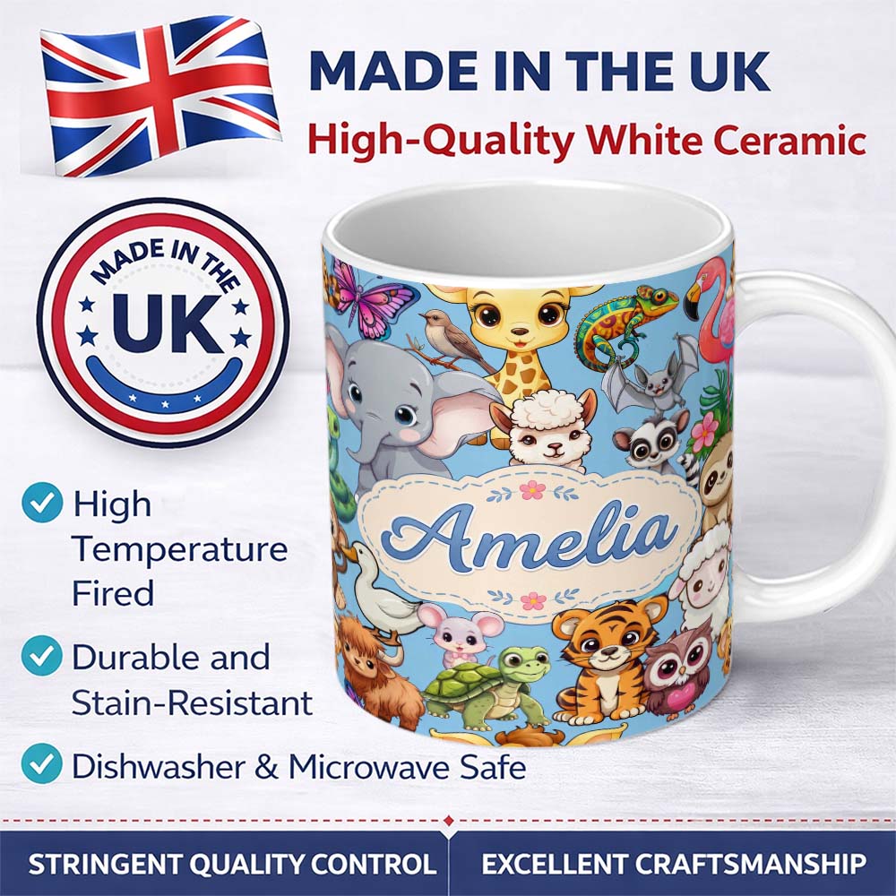 Personalized Custom Name Cute Cartoon Jungle Safari Animals Seamless Pattern on Blue Lovely 11oz Ceramic Coffee Tea Mug White Large Handle