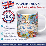 Personalized Custom Name Cute Cartoon Jungle Safari Animals Seamless Pattern on Blue Lovely 11oz Ceramic Coffee Tea Mug White Large Handle