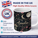 Personalized Custom Name Celestial Floral Moon Constellation Night Seamless Pattern Lovely 11oz Ceramic Coffee Tea Mug White Large Handle