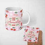 Personalized Custom Name Cherry Fruit Yellow Gingham Picnic Check Seamless Pattern Lovely 11oz Ceramic Coffee Tea Mug White Large Handle