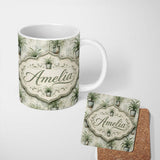 Personalized Custom Name Fresh Green Grass Leaf Botanical Seamless Pattern Cute Unique Gift 11oz Ceramic Coffee Tea Mug White Large Handle