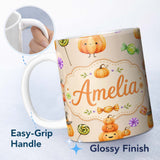 Personalized Custom Name Cute Halloween Pumpkin Candy Characters Beige Background Seamless 11oz Ceramic Coffee Tea Mug White Large Handle