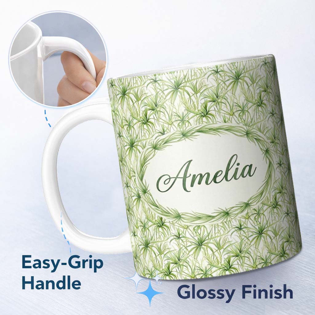 Personalized Custom Name Light Green Spider Plant Botanical Seamless Pattern Cute Unique Gift 11oz Ceramic Coffee Tea Mug White Large Handle