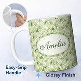 Personalized Custom Name Light Green Spider Plant Botanical Seamless Pattern Cute Unique Gift 11oz Ceramic Coffee Tea Mug White Large Handle