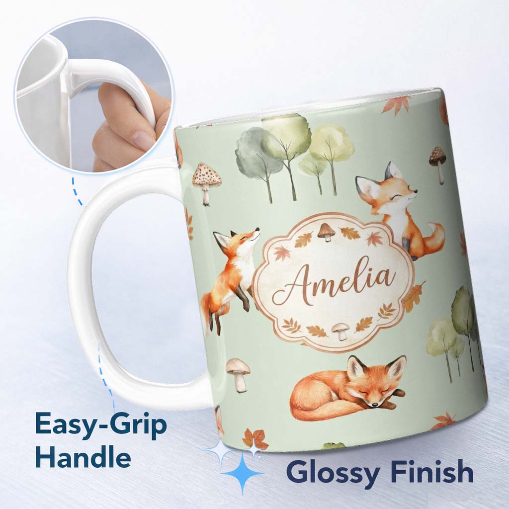 Personalized Custom Name Watercolor Woodland Fox Mushroom Autumn on Sage Green Background 11oz Ceramic Coffee Tea Mug White Large Handle