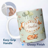 Personalized Custom Name Watercolor Woodland Fox Mushroom Autumn on Sage Green Background 11oz Ceramic Coffee Tea Mug White Large Handle