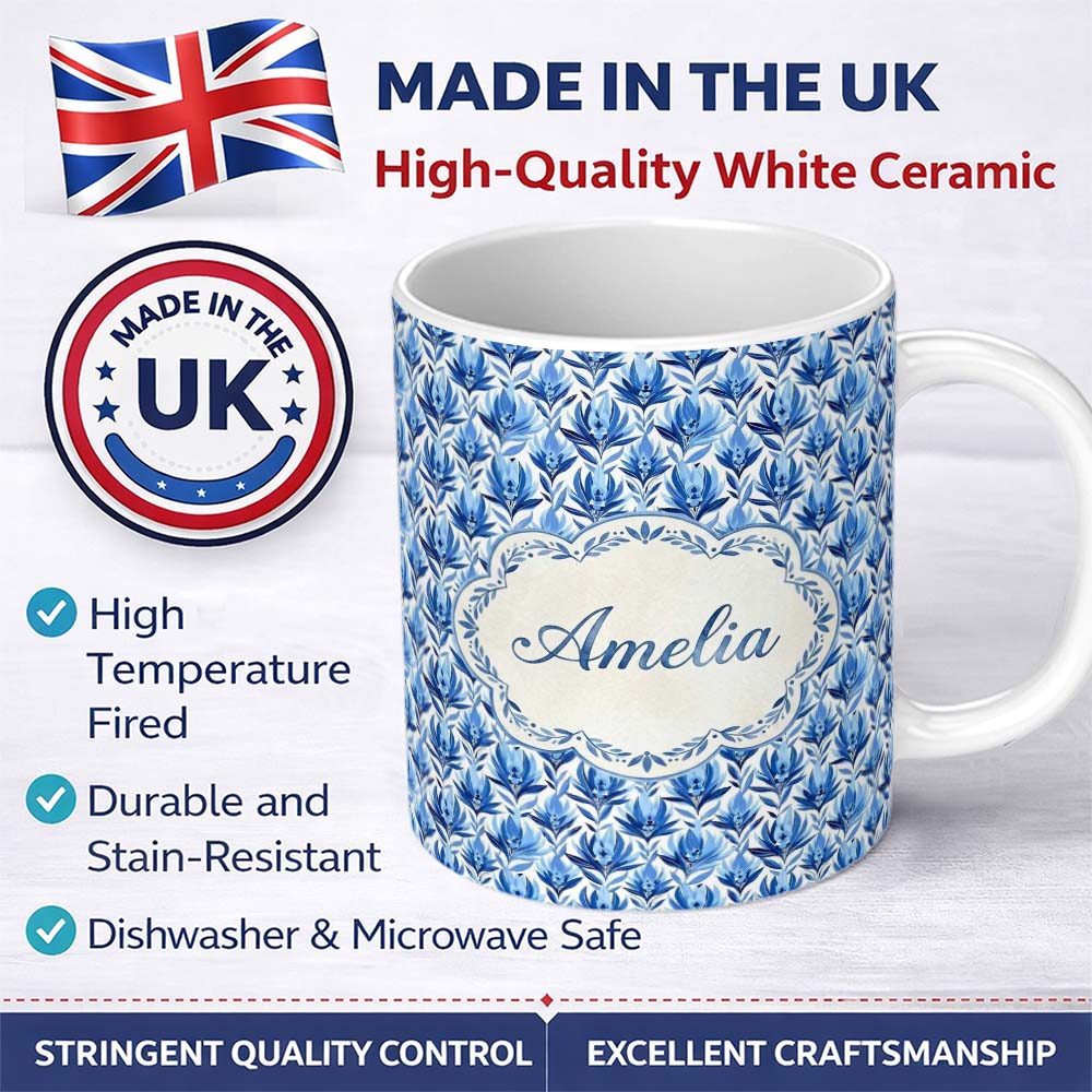 Personalized Custom Name Blue Art Deco Botanical Leaf Repeat Seamless Pattern Lovely 11oz Ceramic Coffee Tea Mug White Large Handle