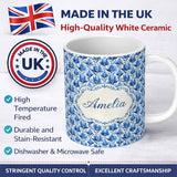 Personalized Custom Name Blue Art Deco Botanical Leaf Repeat Seamless Pattern Lovely 11oz Ceramic Coffee Tea Mug White Large Handle