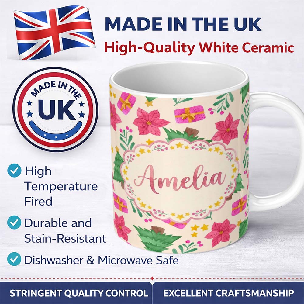 Personalized Custom Name Watercolor Christmas Poinsettia Gift Tree Festive Seamless Pattern 11oz Ceramic Coffee Tea Mug White Large Handle