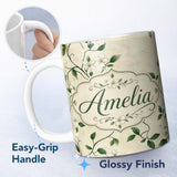 Personalized Custom Name Delicate White Floral Vine on Textured Beige Elegant Seamless Lovely 11oz Ceramic Coffee Tea Mug White Large Handle