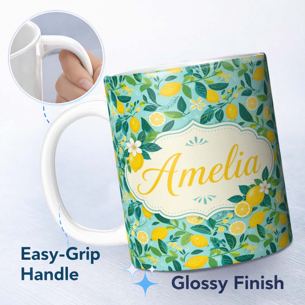 Personalized Custom Name Fresh Lemon and Leaf Scatter Pattern on Teal Background Seamless 11oz Ceramic Coffee Tea Mug White Large Handle