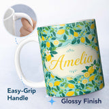 Personalized Custom Name Fresh Lemon and Leaf Scatter Pattern on Teal Background Seamless 11oz Ceramic Coffee Tea Mug White Large Handle