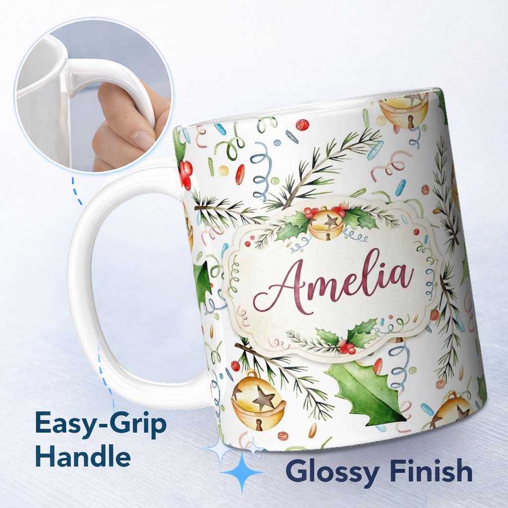 Personalized Custom Name Festive Holly Leaves Bells Pine Branch Confetti Seamless Pattern 11oz Ceramic Coffee Tea Mug White Large Handle
