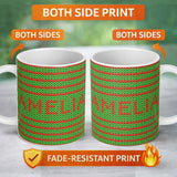 Personalized Custom Name Cute Festive Knit Green Red White Nordic Textile Seamless Pattern 11oz Ceramic Coffee Tea Mug White Large Handle