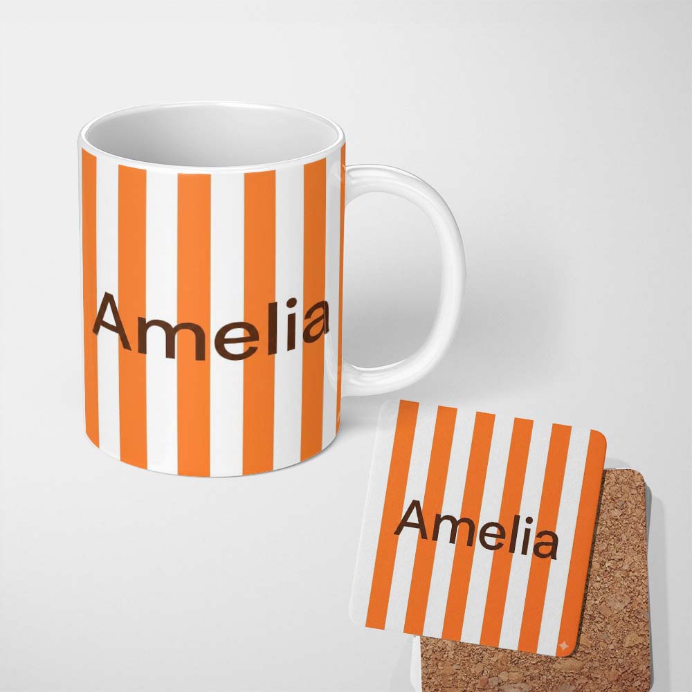 Personalized Custom Name Simple Orange And White Vertical Stripe Seamless Pattern Minimal 11oz Ceramic Coffee Tea Mug White Large Handle
