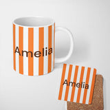 Personalized Custom Name Simple Orange And White Vertical Stripe Seamless Pattern Minimal 11oz Ceramic Coffee Tea Mug White Large Handle