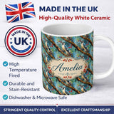 Personalized Custom Name Artistic Blue Woodpecker on Tree Branch Seamless Pattern Lovely 11oz Ceramic Coffee Tea Mug White Large Handle