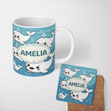 Personalized Custom Name Cute Baby Whales Ocean Waves Bubbles Marine Seamless Pattern Lovely 11oz Ceramic Coffee Tea Mug White Large Handle