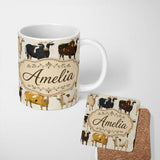 Personalized Custom Name Classic Cow Herd Farm Animal Illustration Seamless Pattern Lovely 11oz Ceramic Coffee Tea Mug White Large Handle