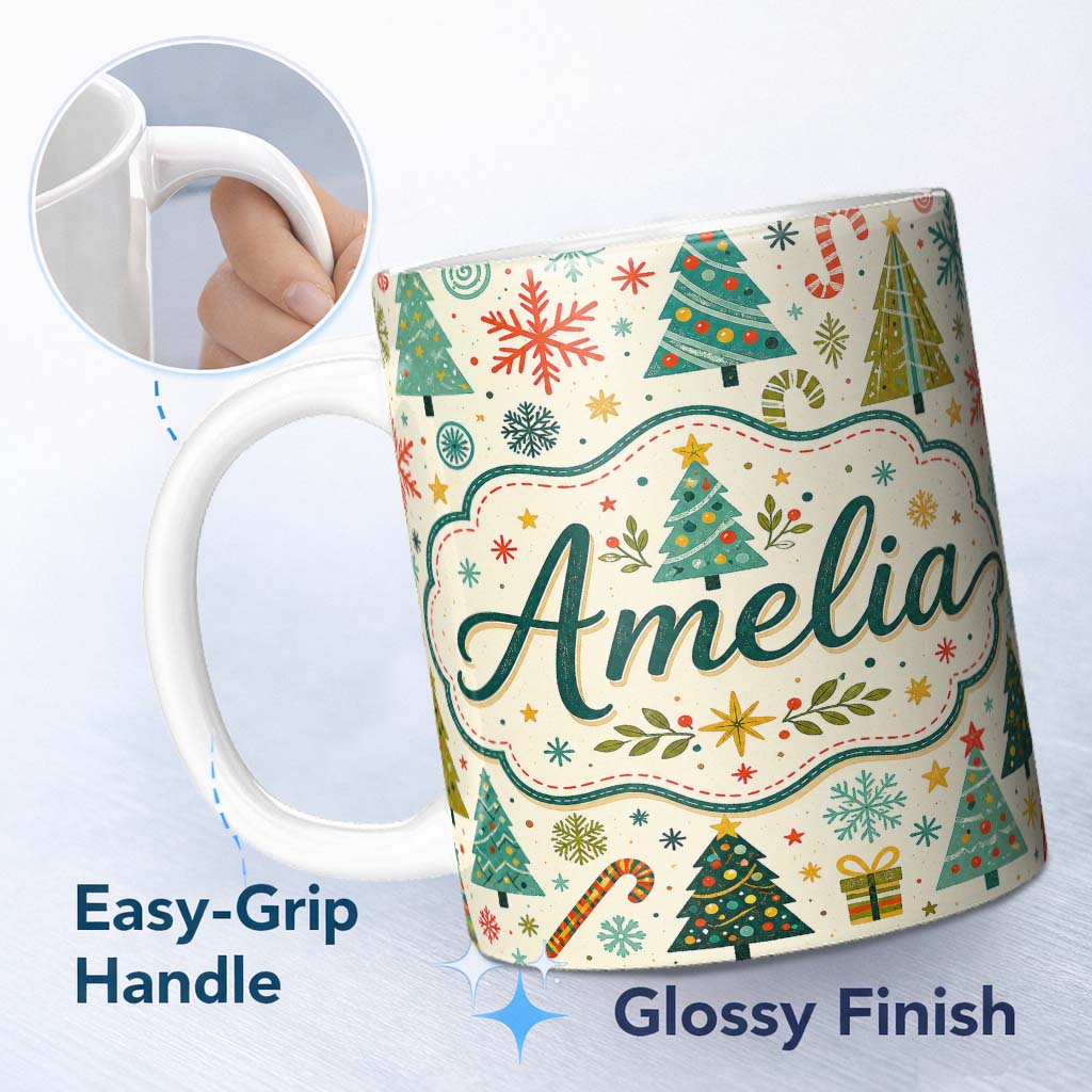 Personalized Custom Name Playful Christmas Trees Candy Canes Snowflakes Festive Seamless 11oz Ceramic Coffee Tea Mug White Large Handle
