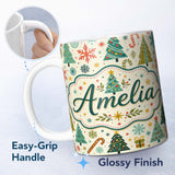 Personalized Custom Name Playful Christmas Trees Candy Canes Snowflakes Festive Seamless 11oz Ceramic Coffee Tea Mug White Large Handle