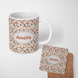 Personalized Custom Name Cute Chibi Kids Floral Pattern Kawaii Character Design Lovely 11oz Ceramic Coffee Tea Mug White Large Handle