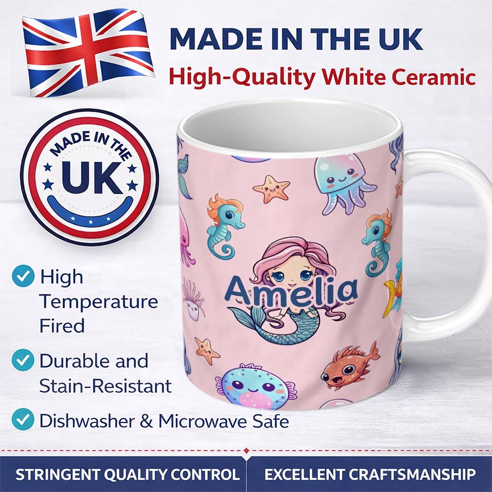 Personalized Custom Name Cute Kawaii Mermaid Seahorse Jellyfish and Starfish Light Pink 11oz Ceramic Coffee Tea Mug White Large Handle