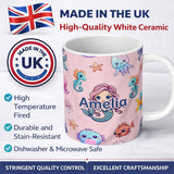 Personalized Custom Name Cute Kawaii Mermaid Seahorse Jellyfish and Starfish Light Pink 11oz Ceramic Coffee Tea Mug White Large Handle