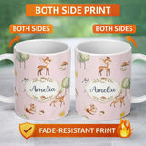 Personalized Custom Name Woodland Deer Fox Squirrel Trees Mushrooms Sun Soft Pink Seamless 11oz Ceramic Coffee Tea Mug White Large Handle