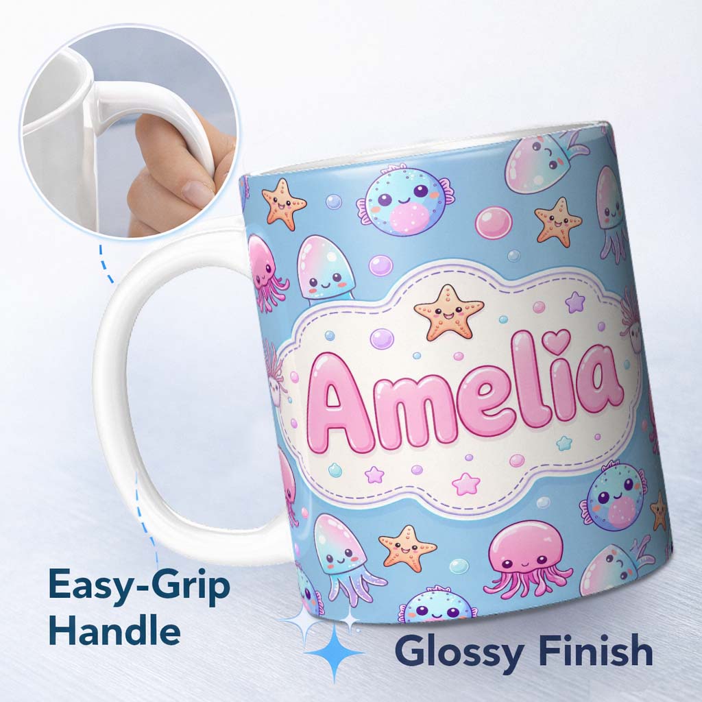 Personalized Custom Name Kawaii Jellyfish Starfish and Cute Sea Creatures Soft Blue Lovely 11oz Ceramic Coffee Tea Mug White Large Handle