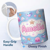 Personalized Custom Name Kawaii Jellyfish Starfish and Cute Sea Creatures Soft Blue Lovely 11oz Ceramic Coffee Tea Mug White Large Handle