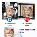 Personalized Custom Name Vintage Floral Christmas Cards Poinsettia Roses and Antique Paper 11oz Ceramic Coffee Tea Mug White Large Handle