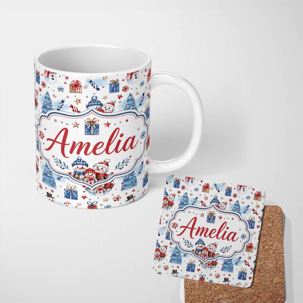 Personalized Custom Name Cute Snowman Family Gifts Candy Christmas Seamless Pattern Lovely 11oz Ceramic Coffee Tea Mug White Large Handle