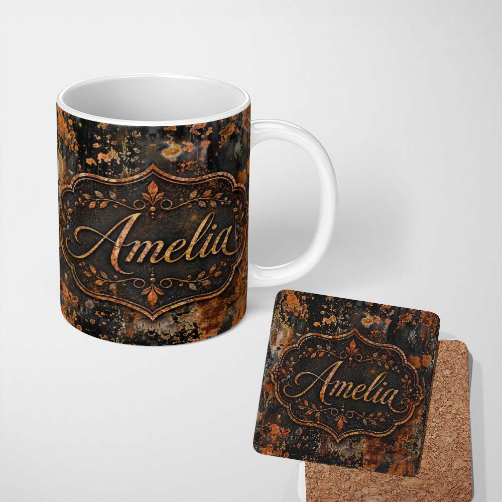 Personalized Custom Name Dark Grunge Rust Texture with Splatter Seamless Pattern Industrial 11oz Ceramic Coffee Tea Mug White Large Handle