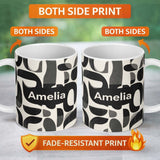 Personalized Custom Name Bold Curved Shapes Black Grey Modern Abstract Pattern Lovely 11oz Ceramic Coffee Tea Mug White Large Handle