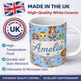 Personalized Custom Name Cute Jungle Baby Animals Lion Tiger Elephant Giraffe Sky Blue Lovely 11oz Ceramic Coffee Tea Mug White Large Handle
